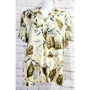 Vintage Teddi Cream Green Blue Yellow Floral Print Button Up Medium Lightweight